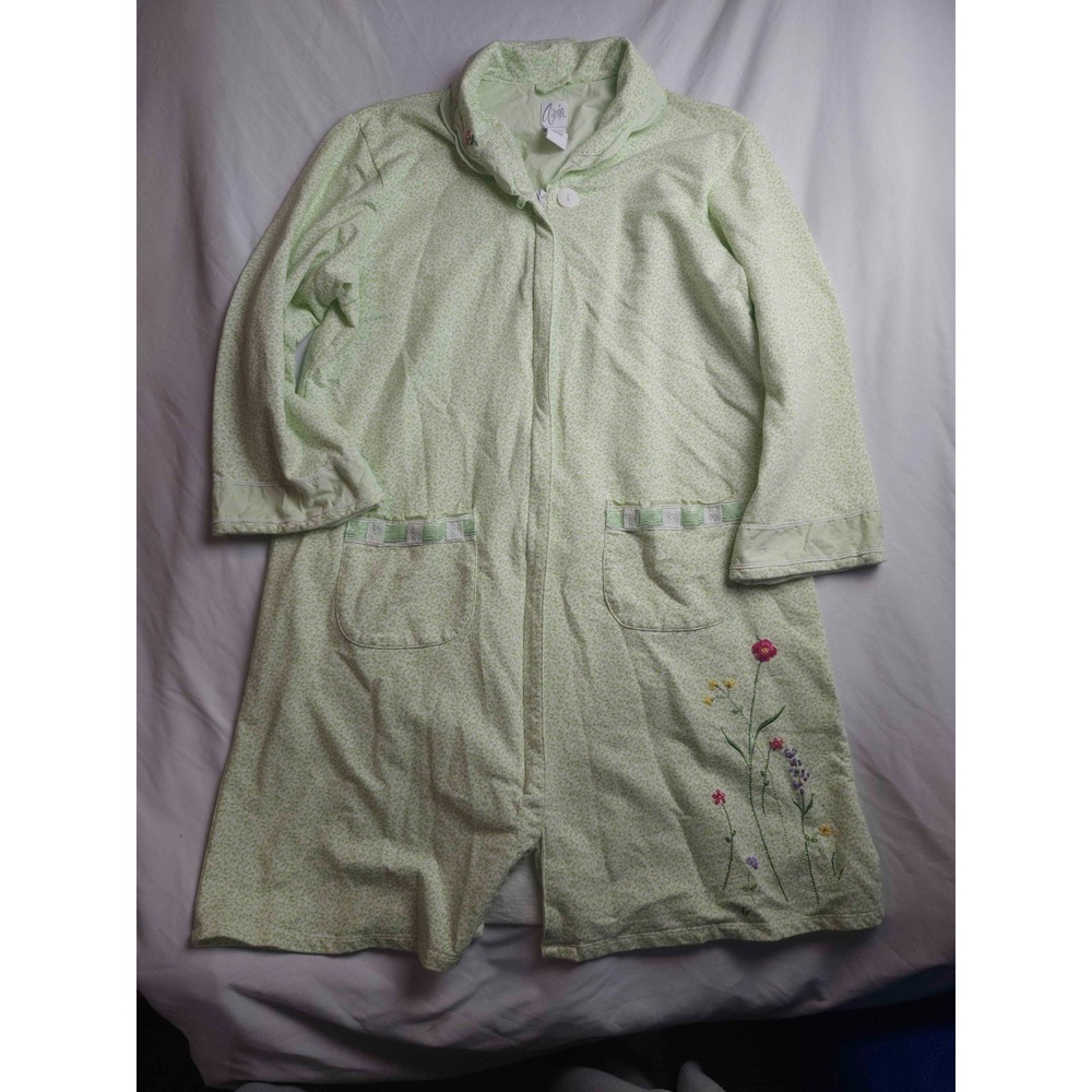 Aria Robe Womens M Green Floral Embroidered‎ Full Zip 3/4 Sleeves Cozy Pockets